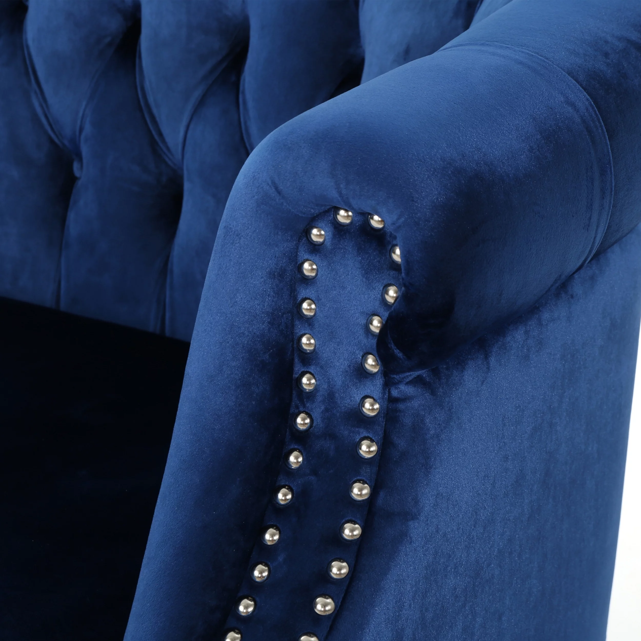Melaina Tufted Chesterfield Velvet Loveseat with Scrolled Arms, Navy Blue and Dark Brown