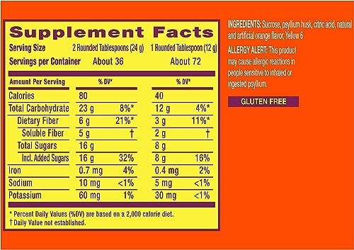 Metamucil Fiber, 4-in-1 Psyllium Fiber Supplement Powder with Real Sugar, Orange Flavored Drink, 72 Servings (Pack of 2)