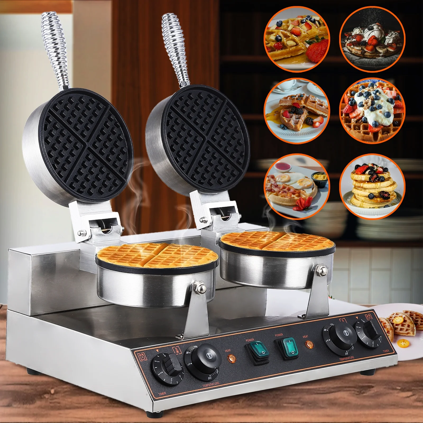 Tropow Stainless Steel Double-Ended Waffle Maker With Double-Ended Snap Lid And Non-Stick Pan To Make Up To 8 Waffles At A Time, Easy-To-Clean Detachable Drip Tray To Save Space