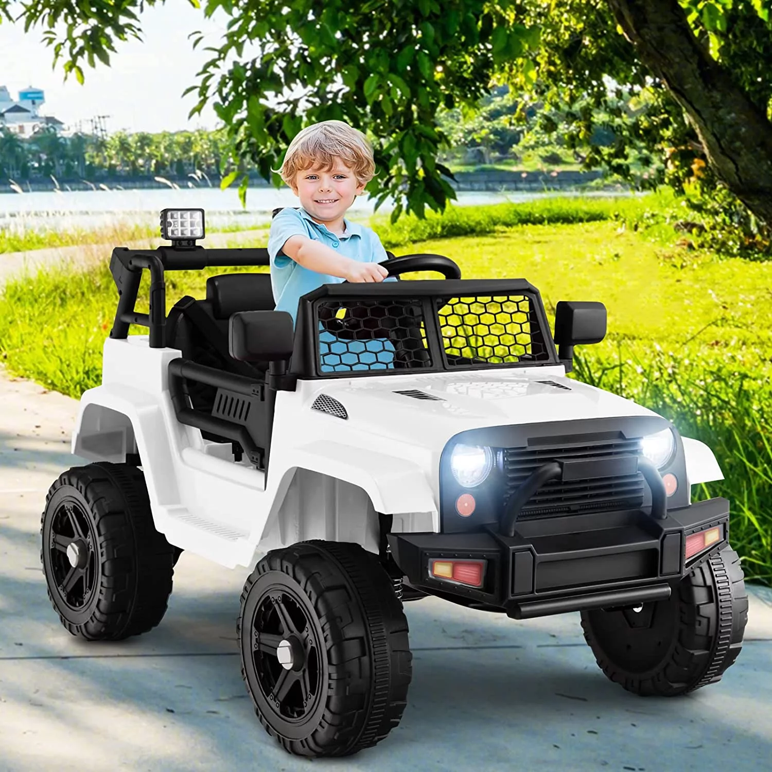 OLAKIDS Kids Ride On Truck, 12V Electric Vehicle Jeep Car with Remote Control, Toddlers Battery Powered Toy with 2 Speeds, Spring Suspension, Double Open Doors, LED Lights, Music, USB, Mp3 (White)