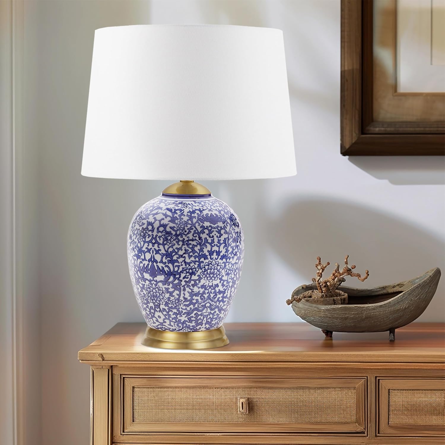 MARTHA STEWART Mystique Table Lamp - Ceramic Urn Nightstand Bedside Lamp, Lily Pond Collection, Chinoiserie-Inspired Pattern, Clear Polarized Cord, in-line Swtich, Tapered Drum Shade, 22.5