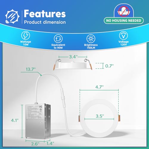 6 Pack 6 Inch 5CCT Ultra-Thin LED Recessed Ceiling Light with Junction Box, 2700K/3000K/3500K/4000K/5000K Selectable, 1050LM Brightness, Dimmable Canless Wafer Downlight, 12WEqv110W, ETL&FCC