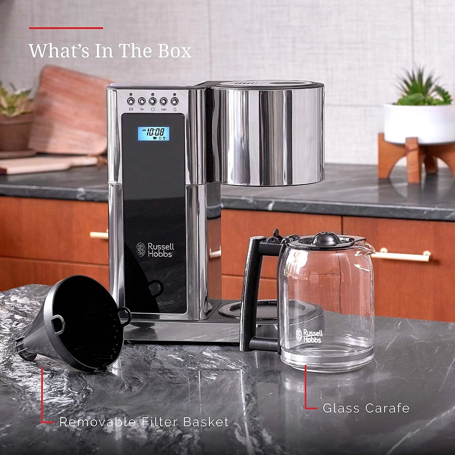 Russell Hobbs - Programmable Coffee Maker, 8 Cup Capacity with Self-Cleaning System, 1600 Watts, Chrome