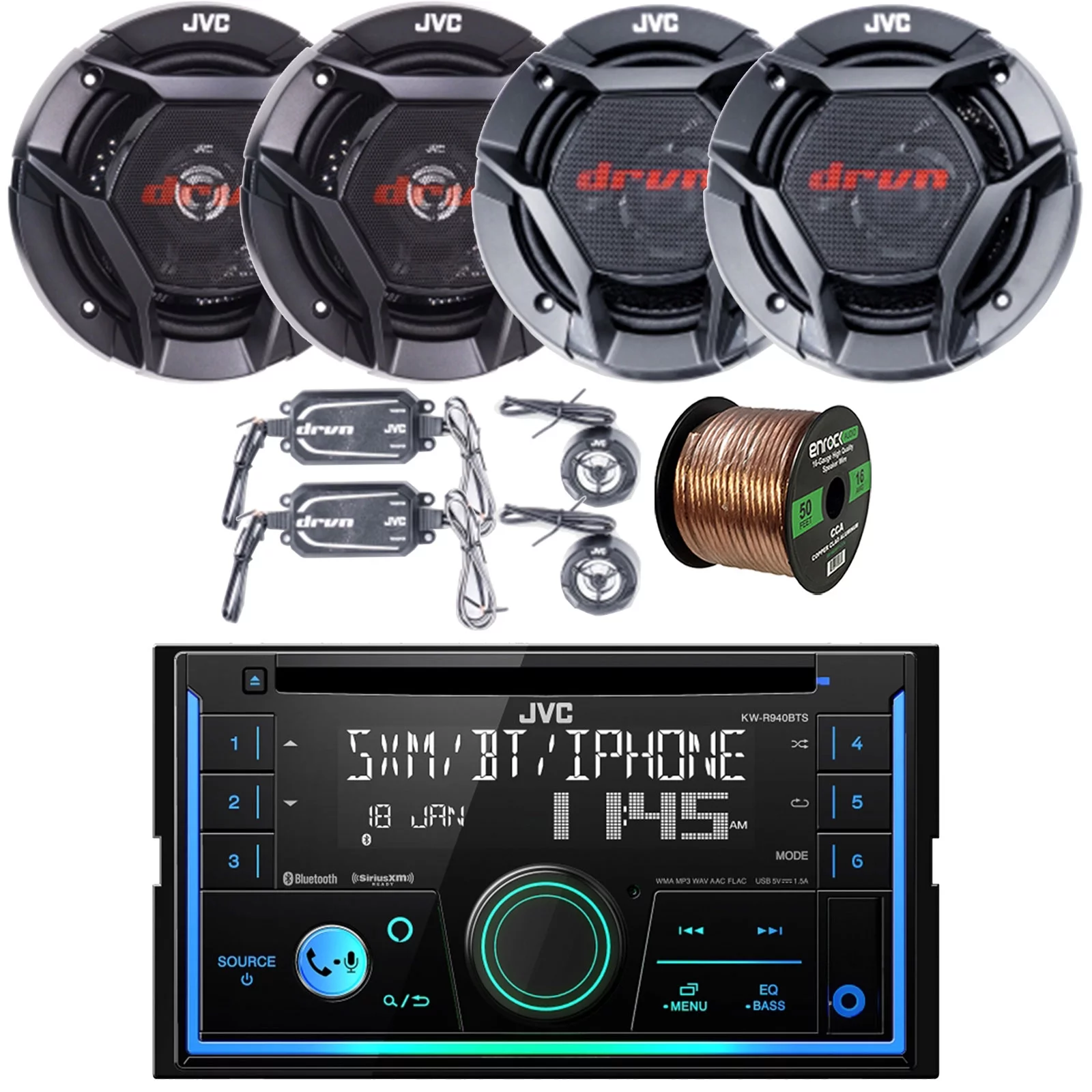 JVC KW-R940BTS Double DIN Bluetooth USB AUX AM/FM Stereo CD Player Receiver Bundle with 2x 6.5