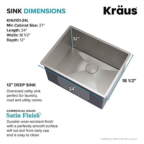 Kraus KHU101-24L Standart PRO 24-inch Undermount 16 Gauge Single Bowl Laundry and Utility Sink, 24 Inch, Tight Radius