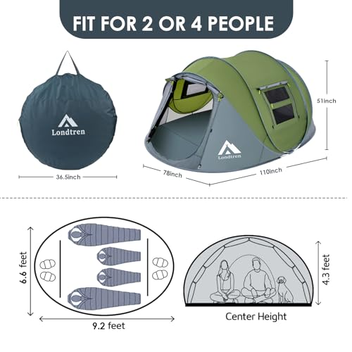 4 Person Easy Pop Up Tent Waterproof Automatic Setup 2 Doors-Instant Family Tents for Camping Hiking & Traveling