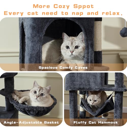 Cat Tree, 70-Inch Cat Tree Tower with Hammock, Scratching Post, Condo and Multi-Level Cat Tower, Large Cat Activity Center Playhouse, Light Gray LCT015