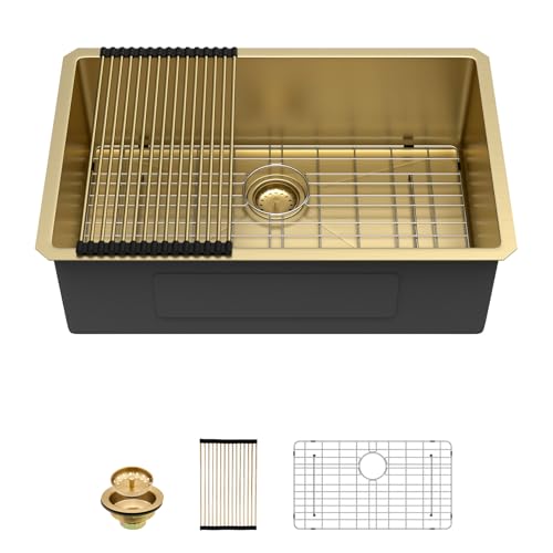 Sarlai Gold Undermount Kitchen Sink - 28 Inch Kitchen Sink Undermount Gold Stainless Steel Single Bowl 28