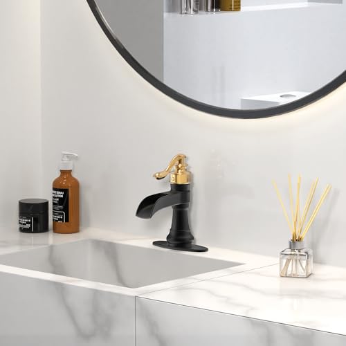 Vessel Sink Faucet, Oil Rubbed Bronze Black Bathroom Faucet, Farmhouse Waterfall Sink Faucet Single Hole with Pop Up Drain Assembly Without Overflow One Hole Mixer Tap Deck Mount