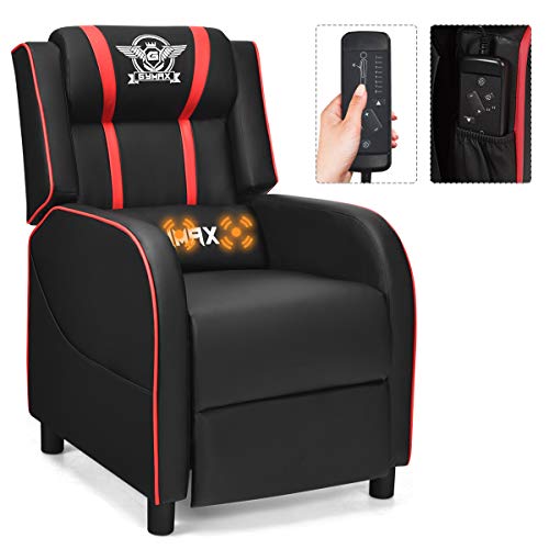 GYMAX Gaming Recliner, Massage Gaming Chair w/Adjustable Footrest, Remote Control & Side Pocket, Ergonomic Game Lounge Chair, Racing Style Single Theater Seat Game Sofa for Adults (Pink)