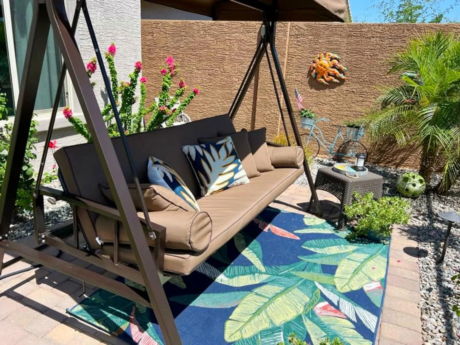 PURPLE LEAF Outdoor Patio Porch Swing Adjustable Backrest, 3-Seat Swing Chair with Weather Resistant Steel Frame for Backyard Front Porch Lawn, Cushion and Pillows Included, Beige