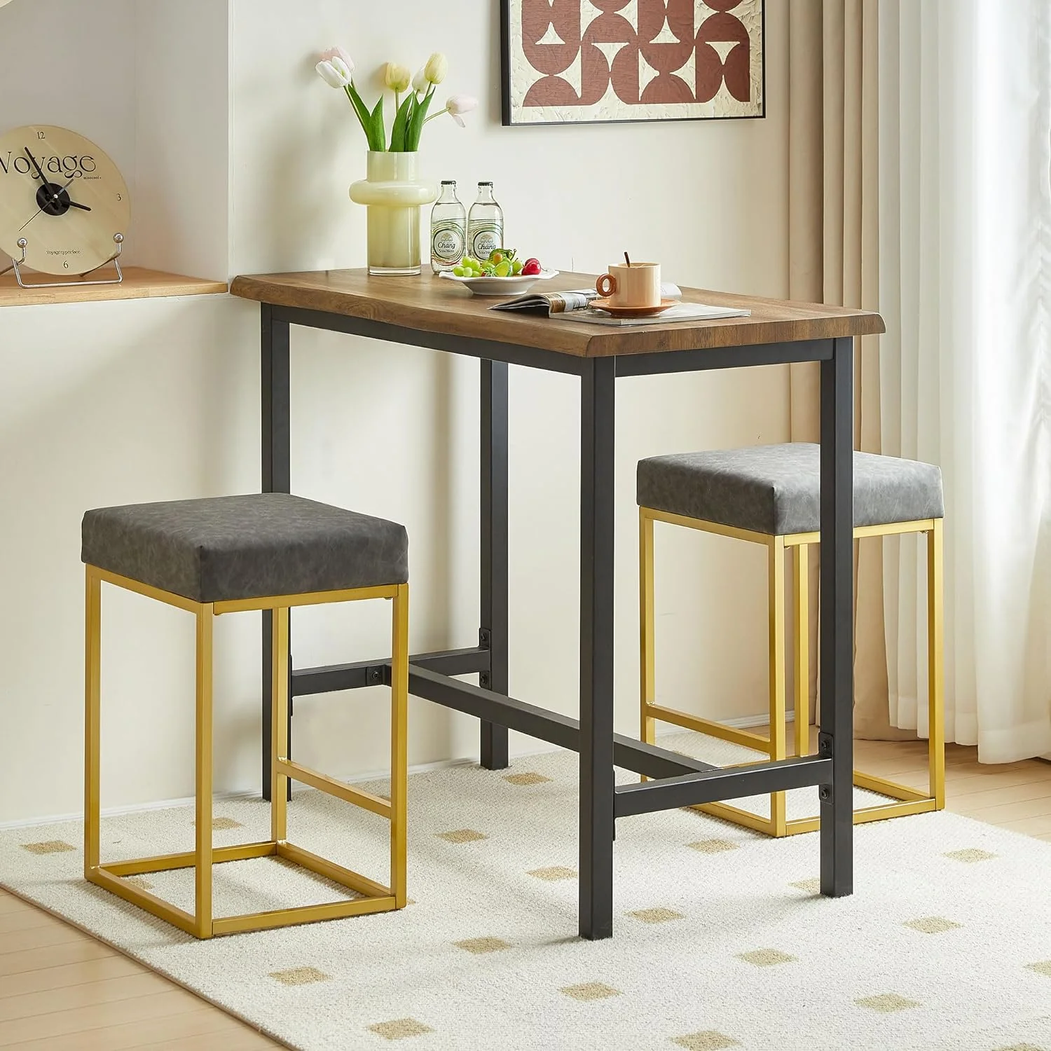 NORDICANA Bar Stools Set of 2, Grey Counter Height Kitchen Island Barstool PU Leather with Black Metal Base