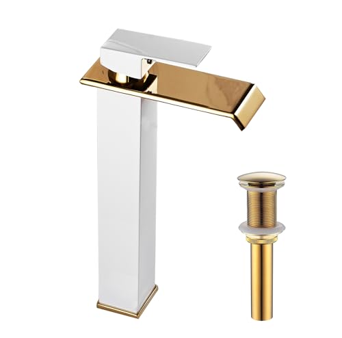 White Gold Faucet Bathroom Vessel Sink Golden Waterfall Spout Faucet Single Handle Bowl Sink Faucet Modern Single Hole Basin Vanity Tall Bathroom Sink Faucet with Pop Up Drain Stopper Supply Hose