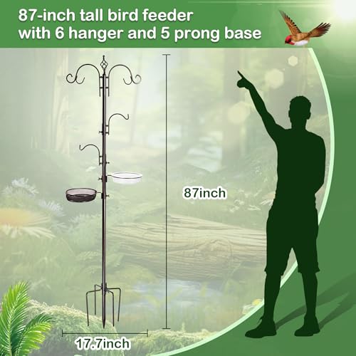 6-Hook Bird Feeding Station Kit, Wild Bird Feeder Stand Pole, Multi-Feeder Kit Stand with 4 Feeders, Bird Bath and Mesh Tray, 94 Inch