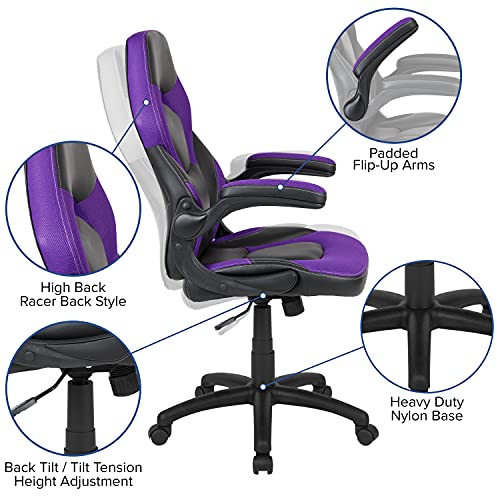 Flash Furniture X10 High-Back LeatherSoft Racing Style Gaming Chair with Flip-Up Arms, Ergonomic Padded Swivel Computer Chair, Blue/Black