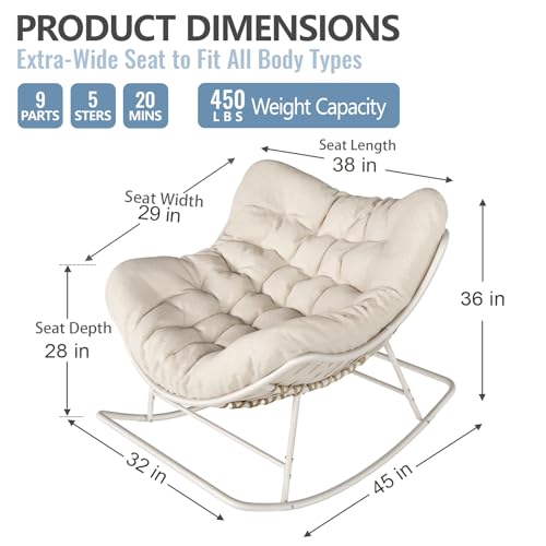 SWITTE Papasan Rocking Chair Outdoor Indoor, Oversized Egg Wicker Rocker with Cushion, Supports 450 lbs, Patio Chair for Balcony or Living Room - Gray