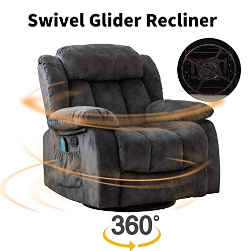INZOY Massage Swivel Rocker Recliner with Heat and Vibration, Manual Rocking Recliner Chair with Vibrating Massage, Comfy Padded Overstuffed Soft Fabric Heated Recliner, Brown
