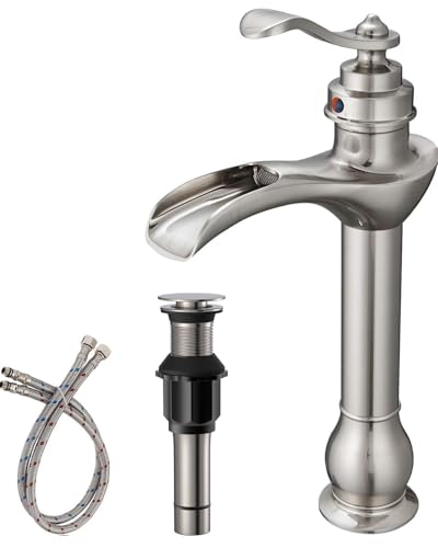 BWE Vessel Sink Faucet Waterfall Brushed Nickel with Pop Up Drain Assembly and Supply Hose Single-Handle Single Hole Bathroom Faucet Lavatory Mixer Tap Tall Body