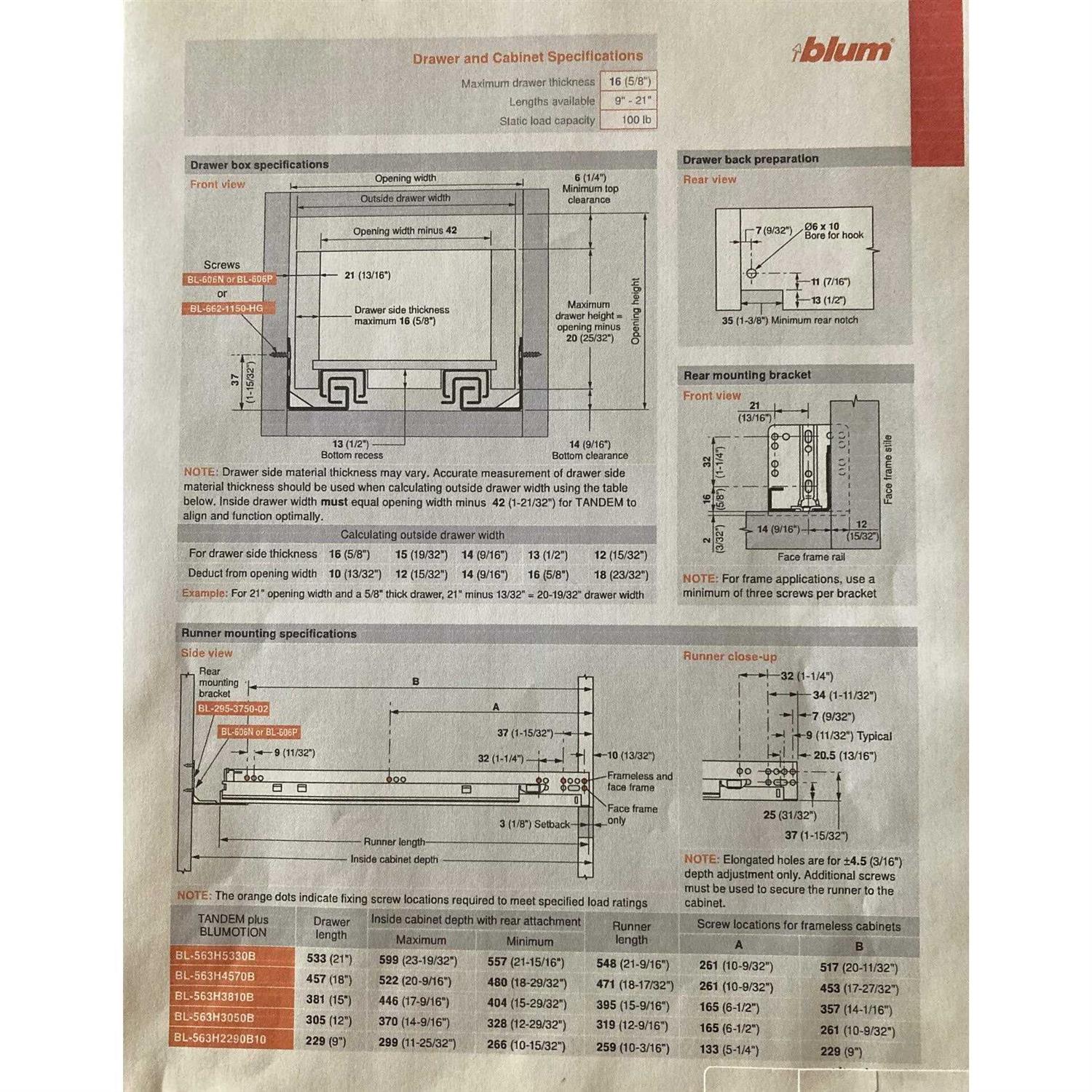 blum tandem plus blumotion drawer slides complete pair, with runners 563h, locking devices, rear mounting brackets and screws