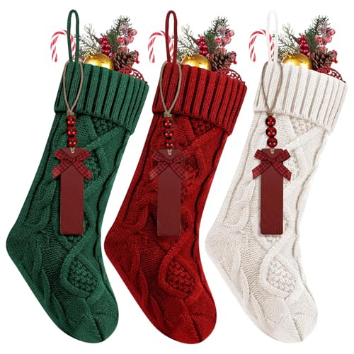Personalized Christmas Stockings with Names Tags,18 Inches Large Custom Family Christmas Stocking,Holiday Christmas Party Family Decor 3PCS (Red White Green)