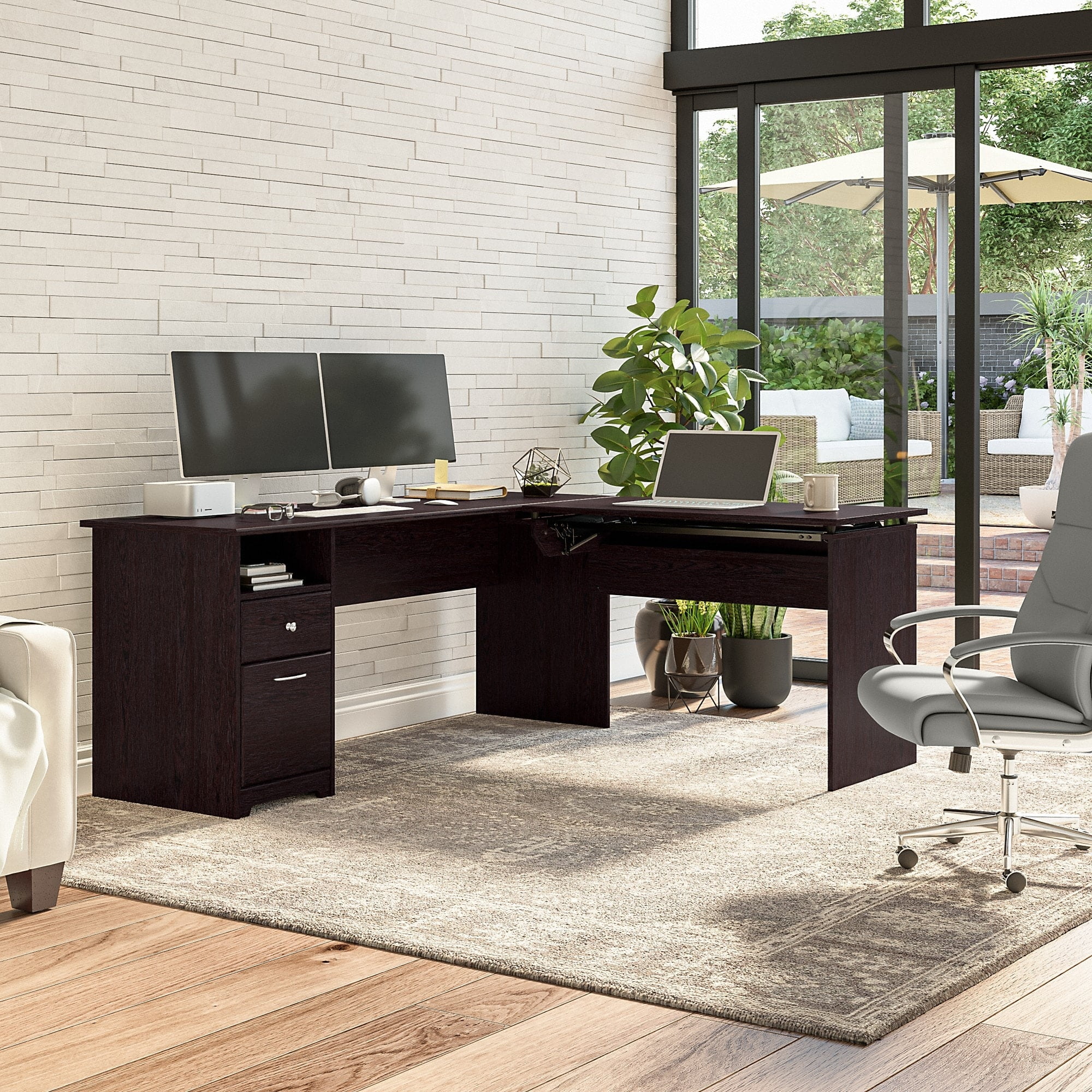 Cabot 72W 3 Position Sit to Stand L Shaped Desk in Modern Gray - Engineered Wood