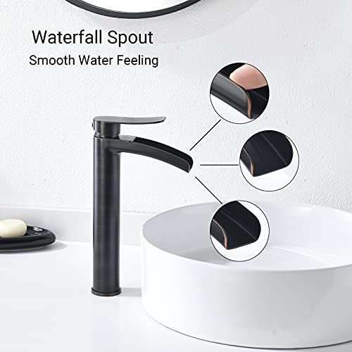 Phiestina Brushed Gold Tall Bathroom Vessel Sink Faucet, Single Hole Single Handle Waterfall Modern Bathroom Faucet, with Pop Up Drain and Water Supply Line, NS-SF01-BG-V