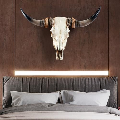 Ysjndasm Long Horns Wall Decor Cow Skull Wall Hanging - Longhorn Skull Faux Taxidermy Head Cow Skull Wall Decor Large Bull Skull Wall Sculpture Farmhouse Decor, 31 x 24 x 7 inch (Black)