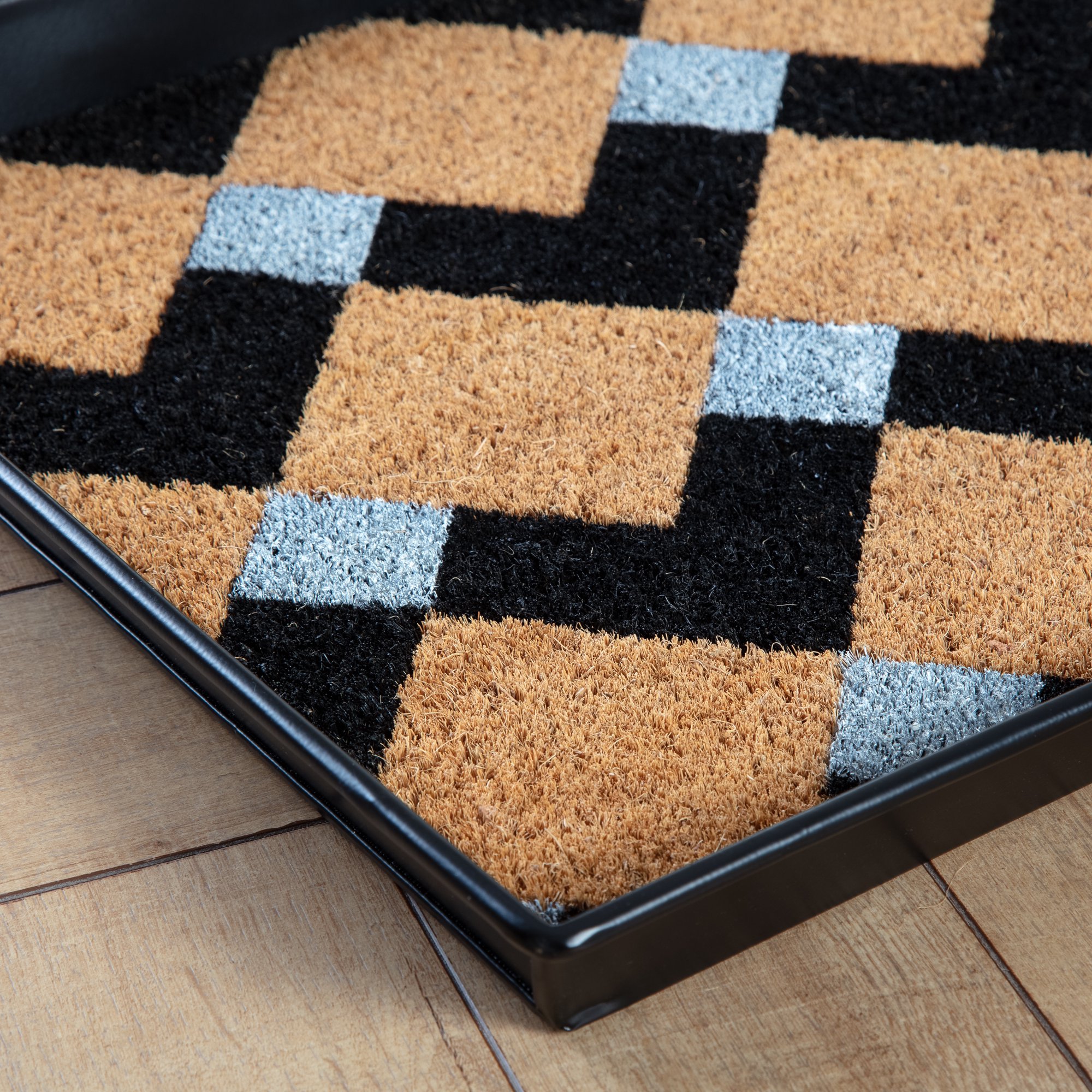 Black Metal Boot Tray with Tan & Black Chevron Coir Insert