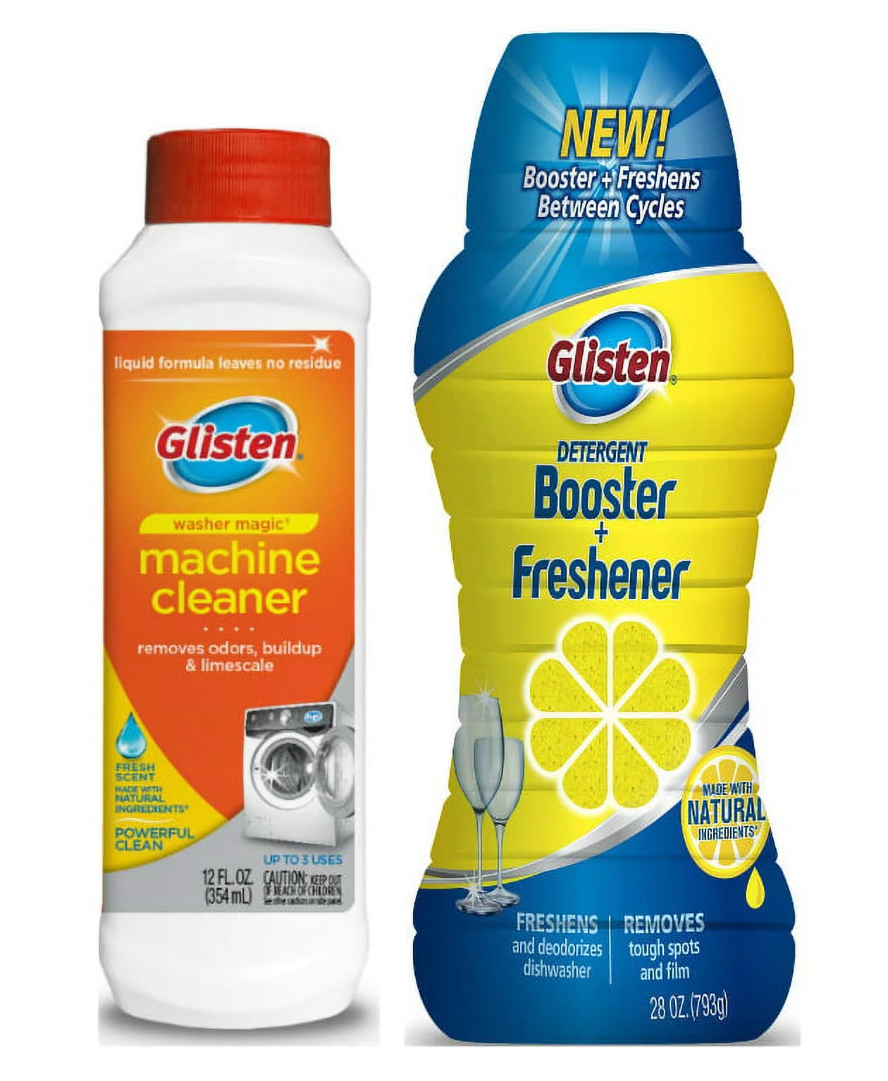 Glisten Washer Magic Washing Machine Cleaner and Deodorizer, 12 Fl Oz, and Dishwasher Detergent Booster