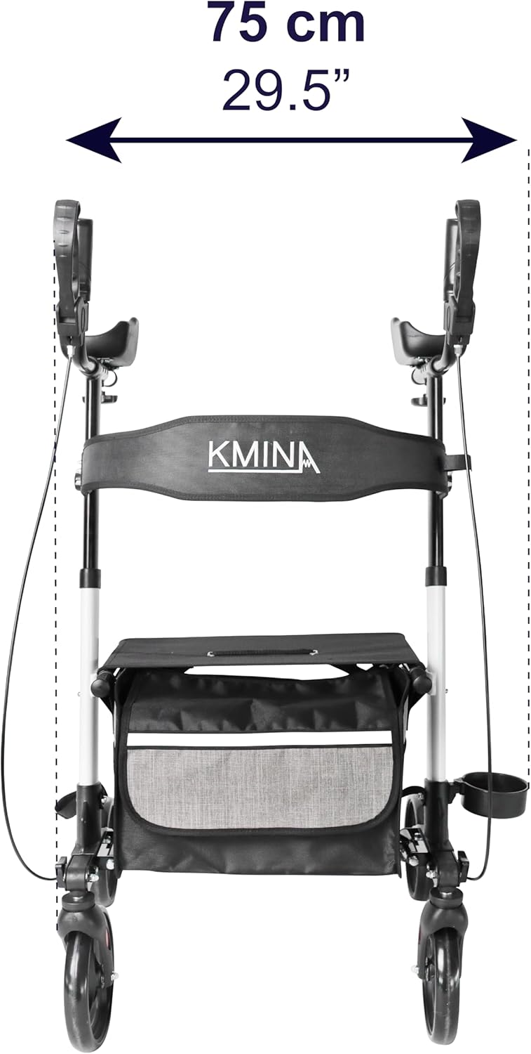 KMINA - Upright Rollator Walker with Seat and Back Support, Folding Stand Up Walkers for Seniors with Armrest, Upright Walkers for Elderly Adjustable, Stand Up Rolling Walker with Forearm Support