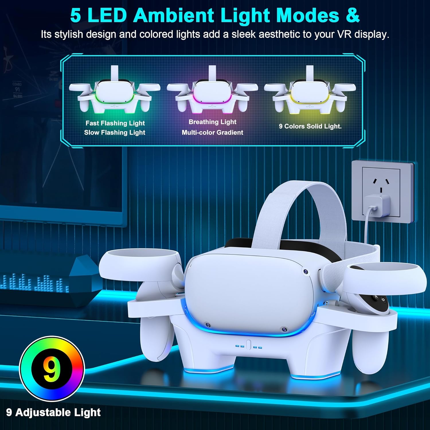 VR Charger Station Compatible with Oculus/meta Quest 2, RGB Light Fast Charging Dock Replacement for Oculus/Meta Quest 2,Headset Display Stand and Controller Mount with 2 Rechargeable Batteries