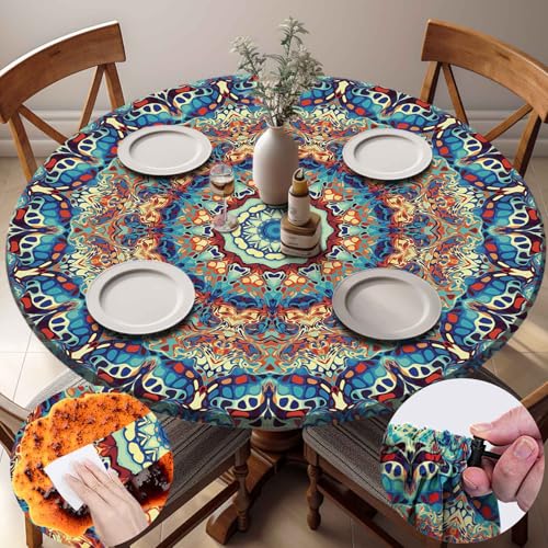 Fitted Round Tablecloth with Elastic Patio Table Cover Cloth Outdoor Tablecloths for 40