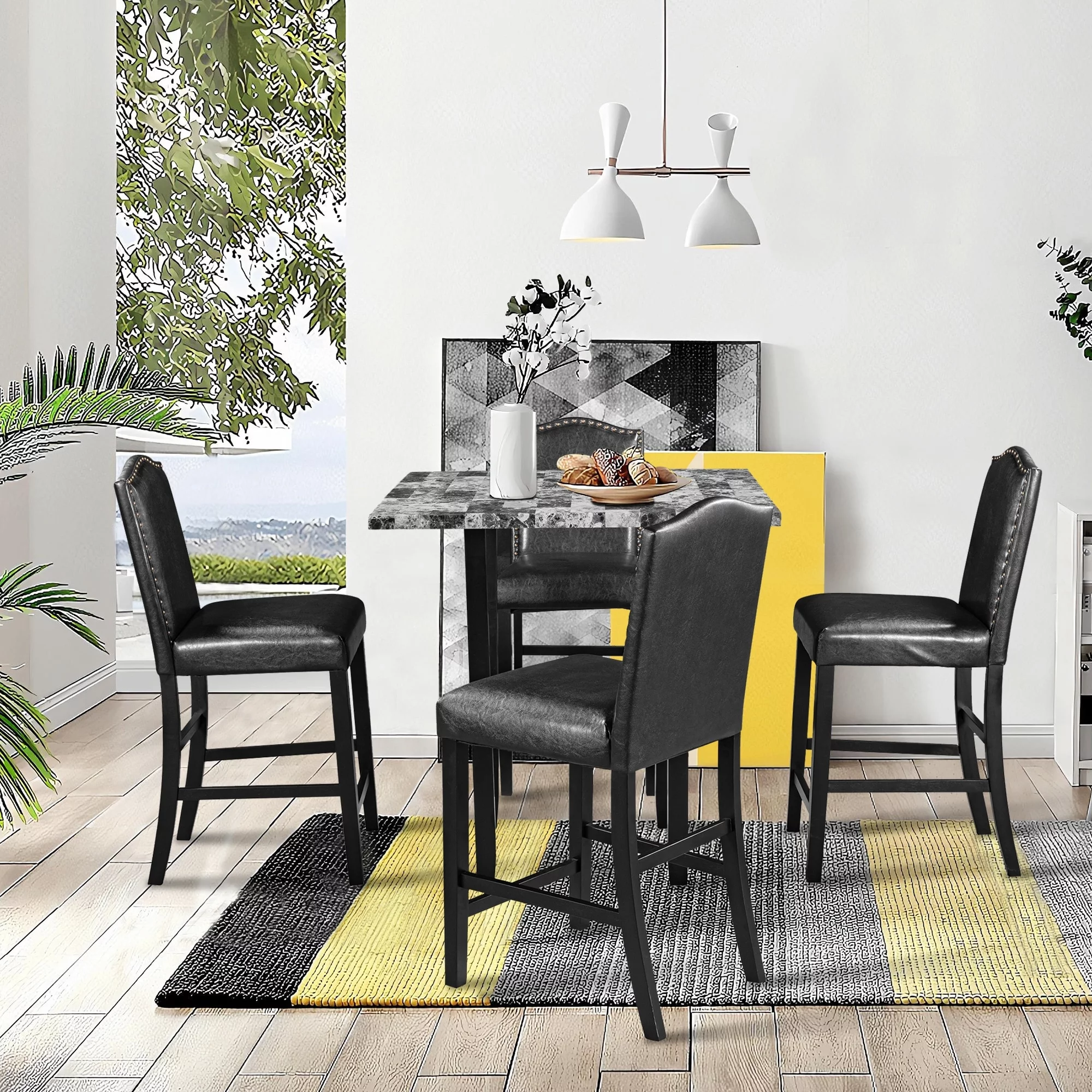 Modern 5-Piece Dining Set - Sturdy MDF Table, PU Leather Chairs, Space-Saving Design, Gray Faux Marble Veneer Gray