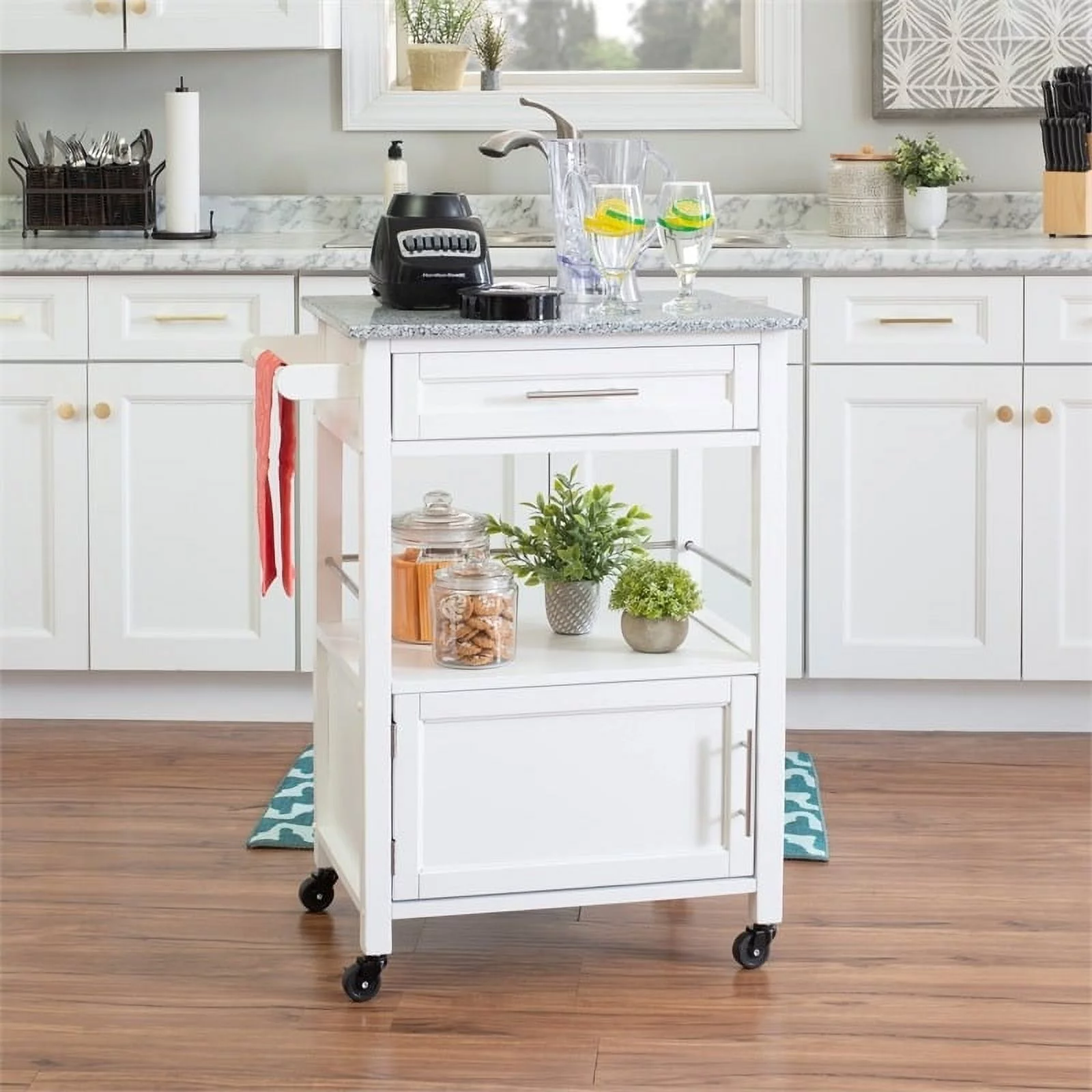 Riverbay Furniture Transitional Wood/Granite Top Kitchen Cart in Bright White