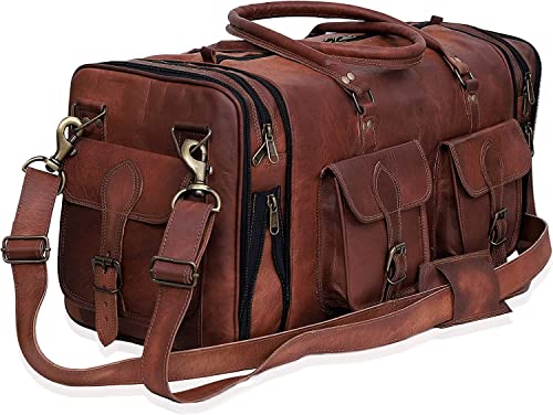 Weekender Leather Duffel Bag Overnight Women Men Girls Boys Vintage Travel Duffle with Shoulder Strap Carry On Sports Gym 20 Inch Handmade Leather Luggage Carryall Cool Gifts for Him by Cureo