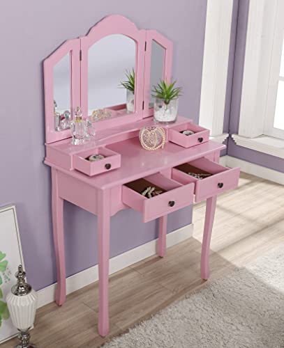 Roundhill Furniture Sanlo Wooden Vanity | Make Up Table and Stool Set | White