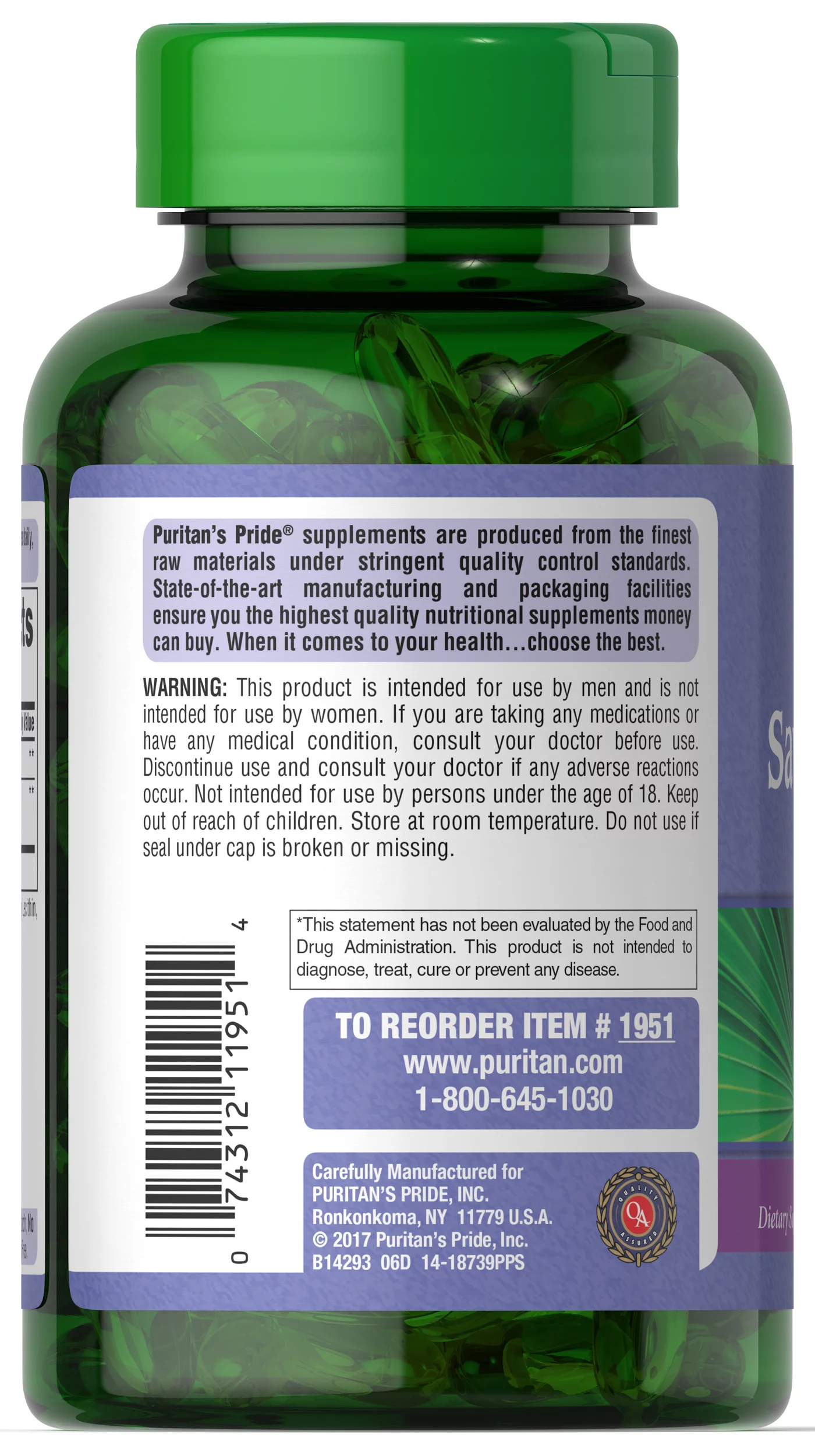 Saw Palmetto Extract, 180 Softgels by Puritan's Pride