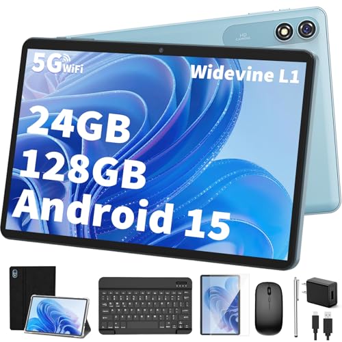 Android 15 Tablet with Keyboard, 26GB+256GB(2TB Expand), 10.1 Inch Tablet 8000 mAh Battery, BT 5.0, 5G WiFi, Widevine L1, Dual Camera, 2 in 1 Tab with Mouse, Case, Stylus(Black)
