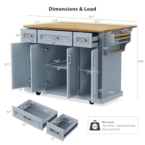 Ball & Cast Large Kitchen Island with 2 Drop Leaf,Rolling Kitchen Cart On 5 Wheels W/Power Outlet&USB Port,Folding Storage Dining Table W/Spice&Towel Rack,3 Drawers,for Kitchen,Dining Room,Green,55.7