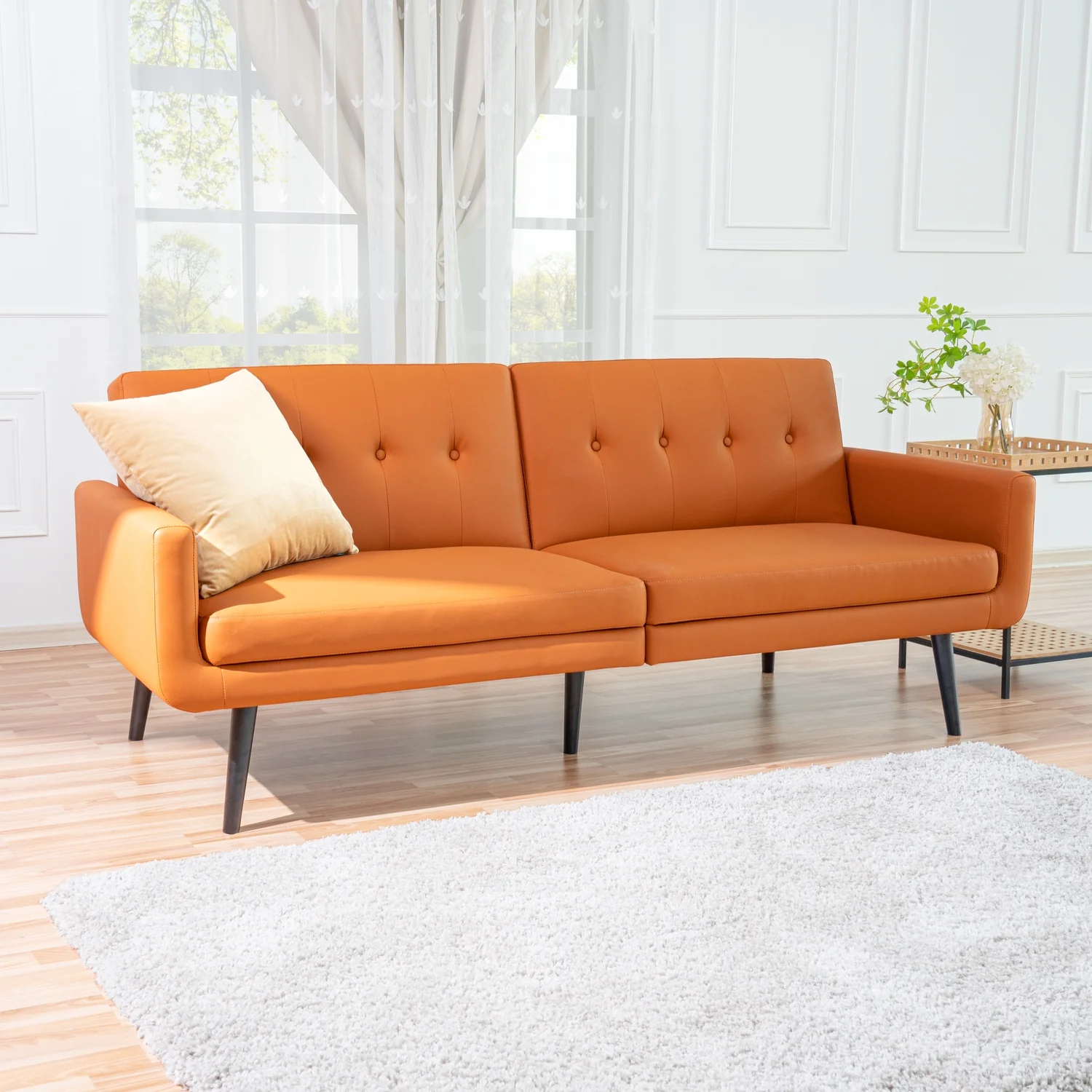 Naomi Home Monica Mid Century Style Futon Sofa Bed-Color:Caramel,Material:Air Leather