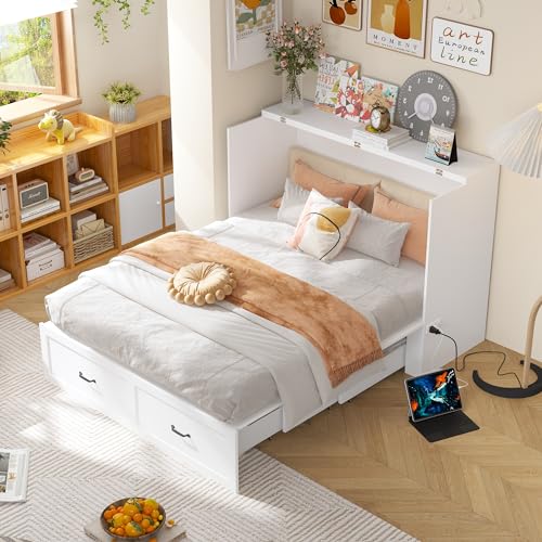 ECACAD Multi-Functional Murphy Cabinet Bed, Queen Size Bed Frame Murphy Bed Chest with Built-in Power Strip & Drawers, Queen Foldable Platform Bed, White