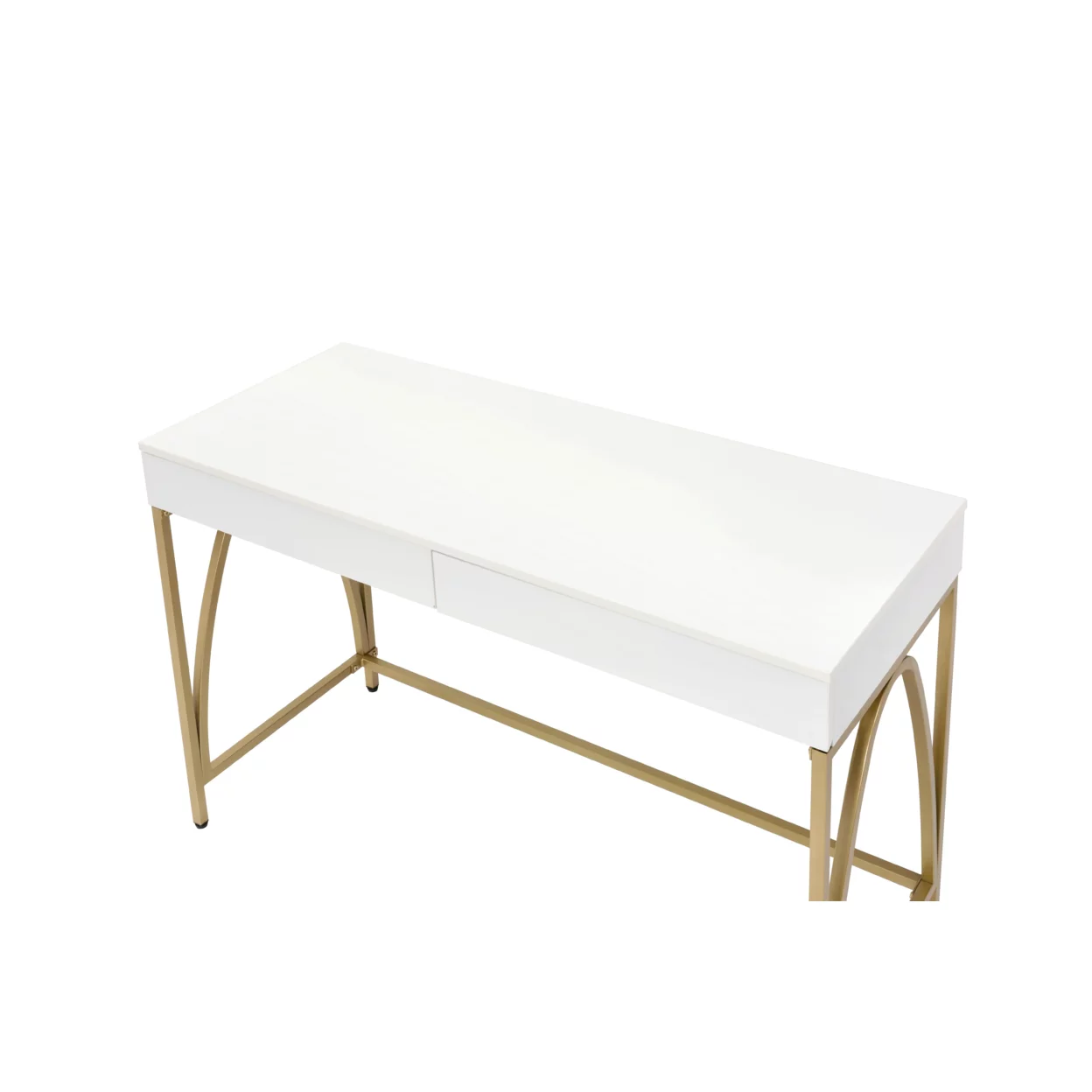 Rectangular Wooden Frame Desk with 2 Drawers and Metal Legs, White and Gold