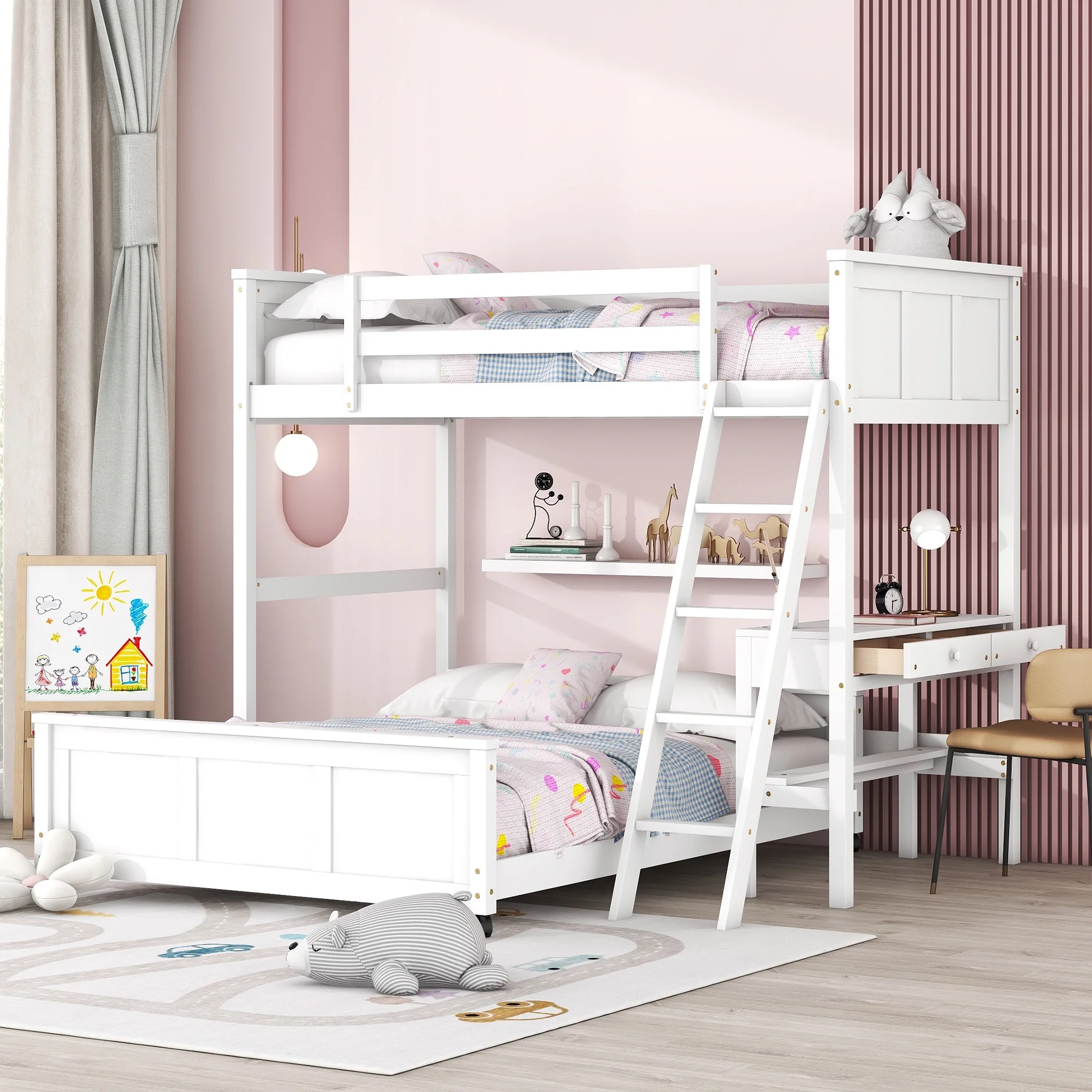 Bellemave Twin Over Full Bunk Bed with Desk and Storage Drawers, Solid Wood L-Shaped Loft Bunk Bed Frame for Kids Teens Adults (White)