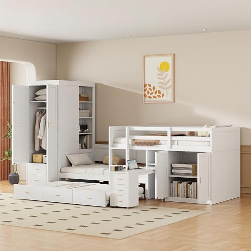 Merax Wooden Bunk Bed with Wardrobe, Desk, Storage Cabinets and Drawers, Twin Over Twin Wood Bed Frame & Trundle for Kids Teens Adults, Space Saving Design, No Box Spring Needed, White