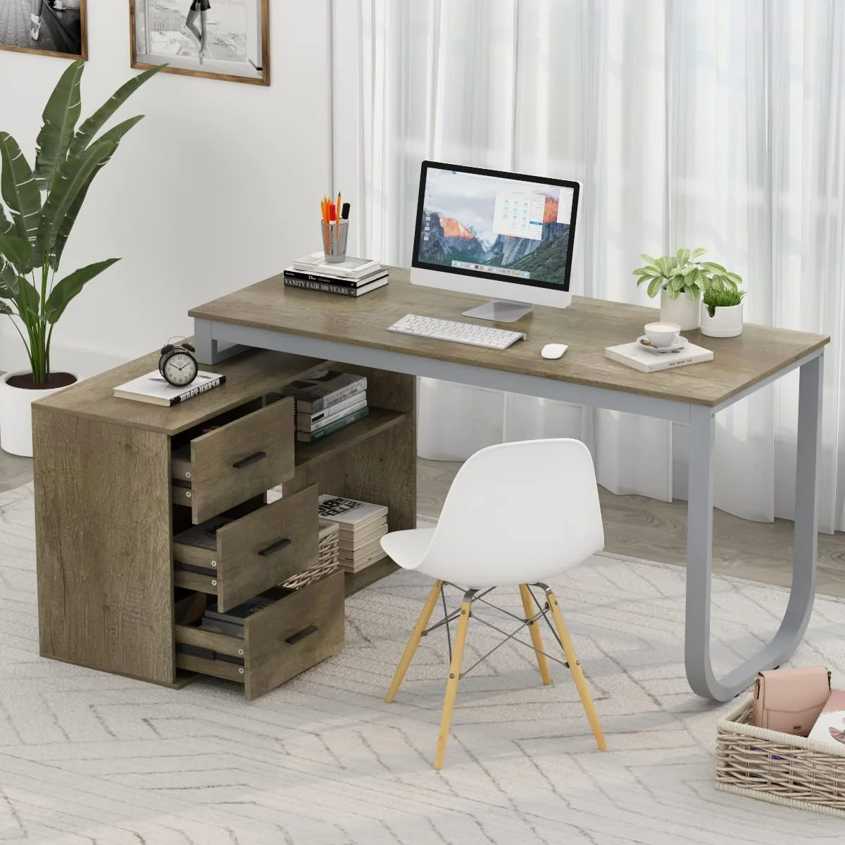 55.1" Large L-Shaped Office Desk with 41.3" File Cabinet  Corner Computer Desk with 3 Drawers & 2 Shelves  Workstation Executive Desk with Storage Shelf for Home Office (White