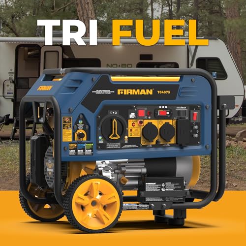 FIRMAN T04073 Tri Fuel Portable Generator, 4000W Electric Start, 120/240V, CO Alert, Quiet 67dB, 223cc Engine, 5-Gallon Tank, 14 Hrs Runtime, Wheel Kit, Use for Home Backup, Camper Van & Outdoor Event
