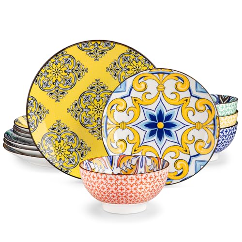 vancasso Haruka 12 Pieces Plates and Bowls Set, Ceramic Dinnerware Sets for 4, Black and White Porcelain Dishes Set