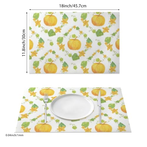 Fall Gourd Pattern Mats for The Kitchen Table Faux Leather 12 X 18 Inch Placemats for Table Watercolor Pumpkin Fabric Anti- Slip Placemat Spill- Proof Placemat Hanukkah Placemats Party 6Pc Set