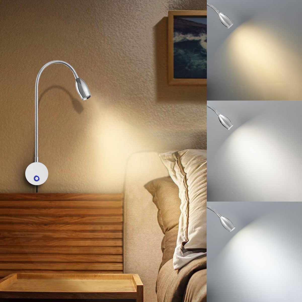 Dimmable LED Reading Lamps,Wall Mount Reading Lights for Bed Headboard,Flexible Gooseneck with Touch Dimmer Plug in Wired Sconce,3Color Modes,10 Brightness Leves,Set of 2,Chrome,2 Pack