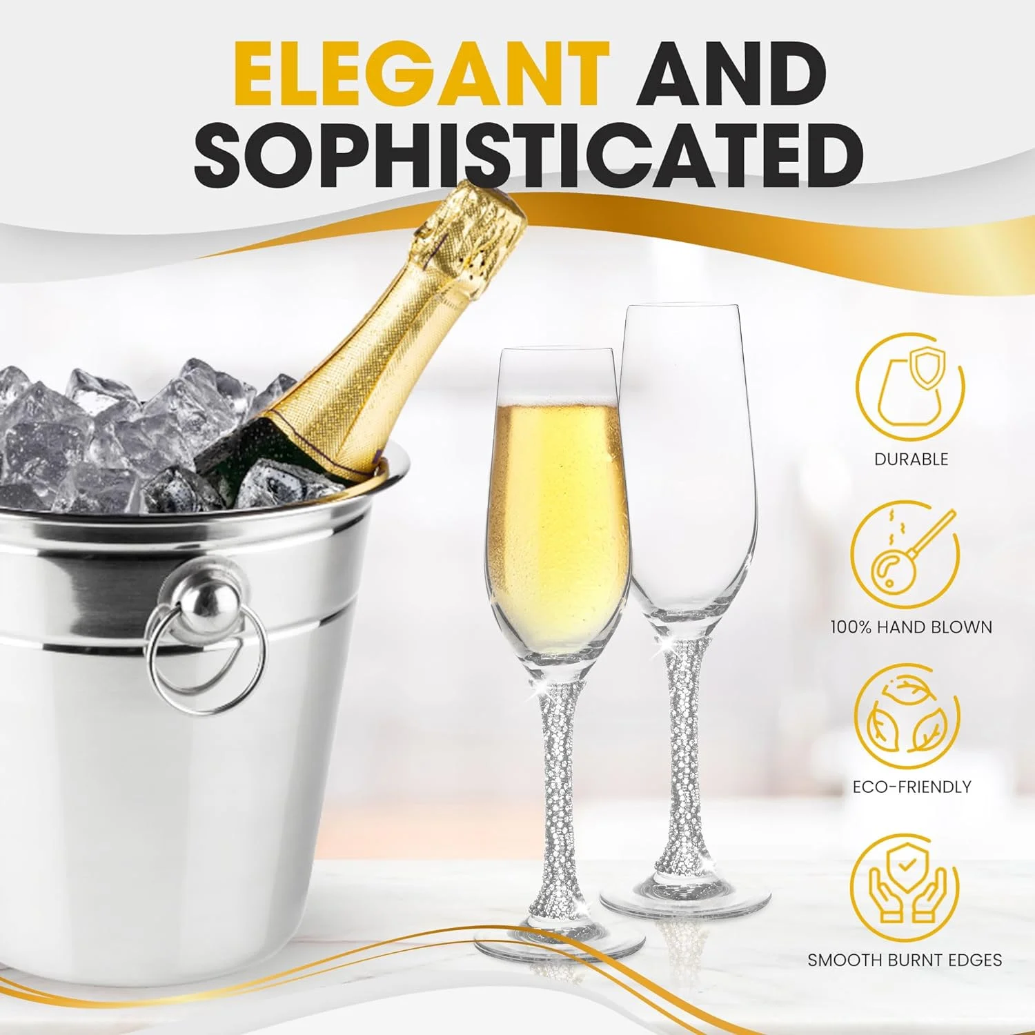 Premium Champagne Flutes - Crystal Champagne Glasses With Silver Rhinestone Embellished Stem - 8Oz Each (Set Of 6)